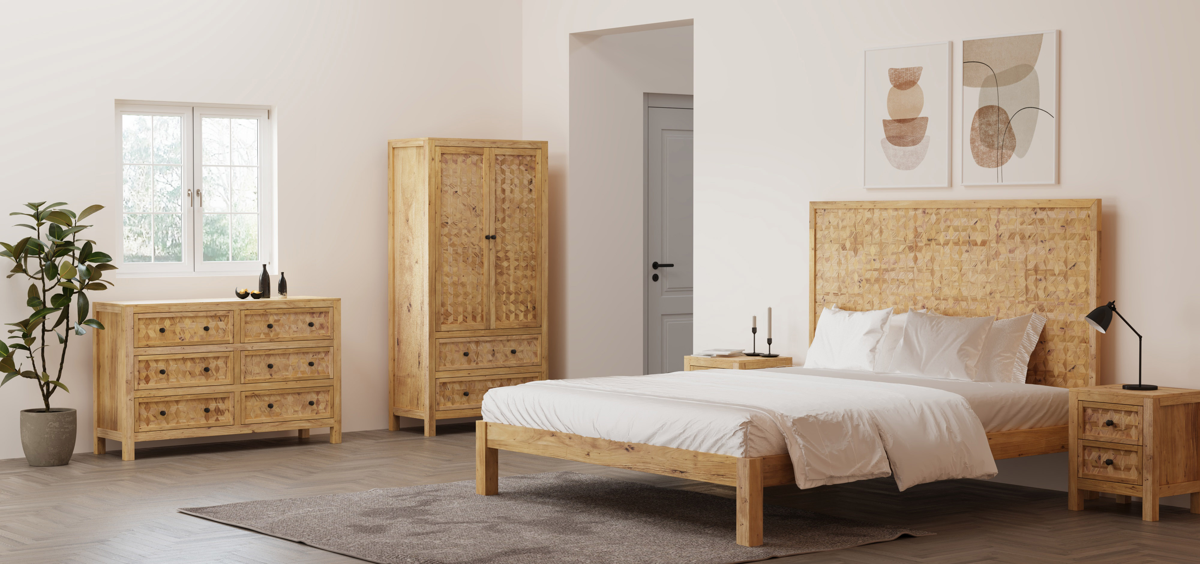 Artisanal Geometric Textures and Golden Wood Serenity